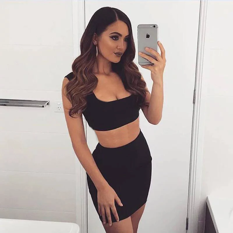 

Open Back Crop Top Cotton Solid Color Women's Two-piece Fashion Sexy Elegant Party Summer 2019 2-Piece Set Women Black
