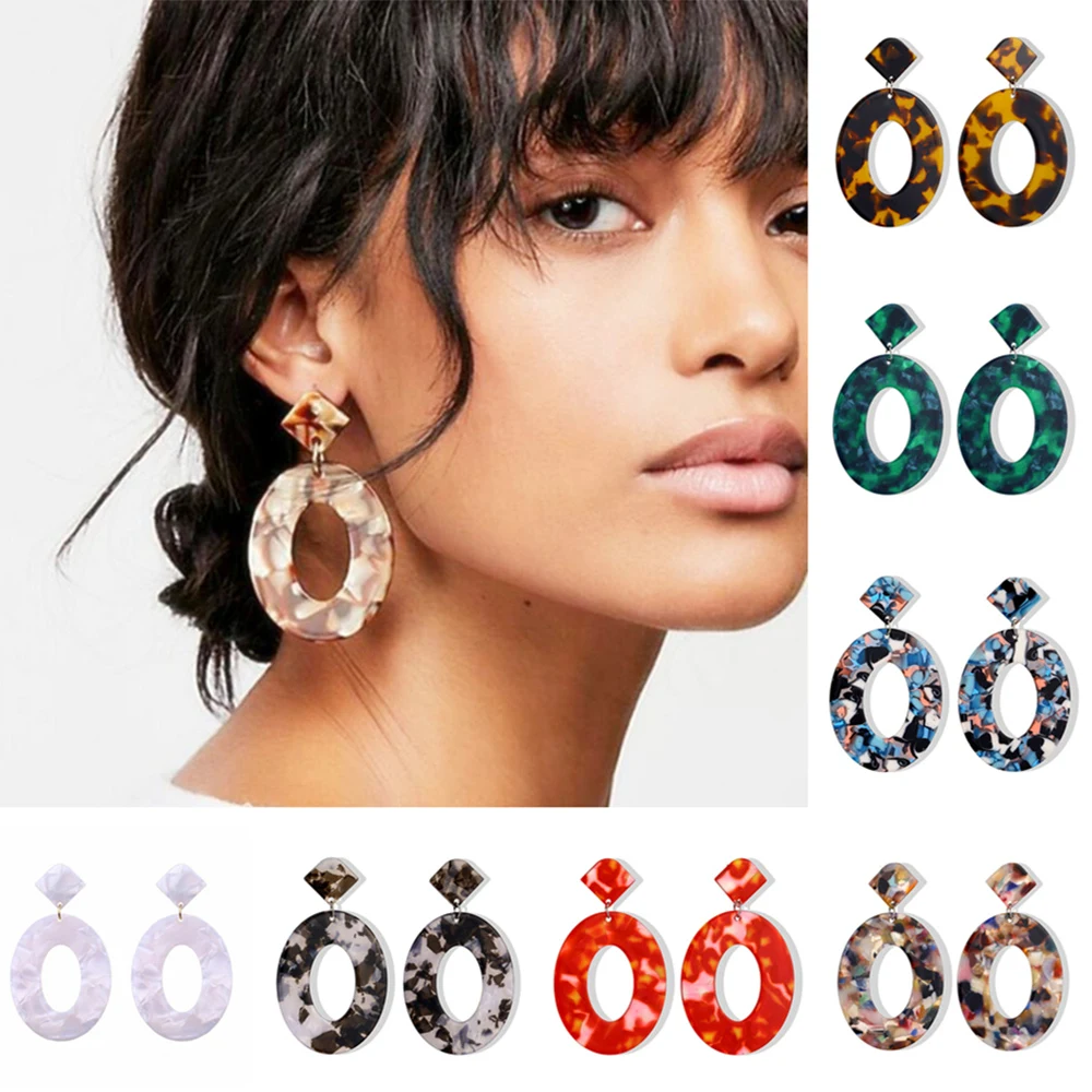 

Korea Fashion Jewelry Colorful Acrylic Resin Oval Dangle Earrings For Women Geometry Big Circle Drop Leopard Earrings ZA Brincos