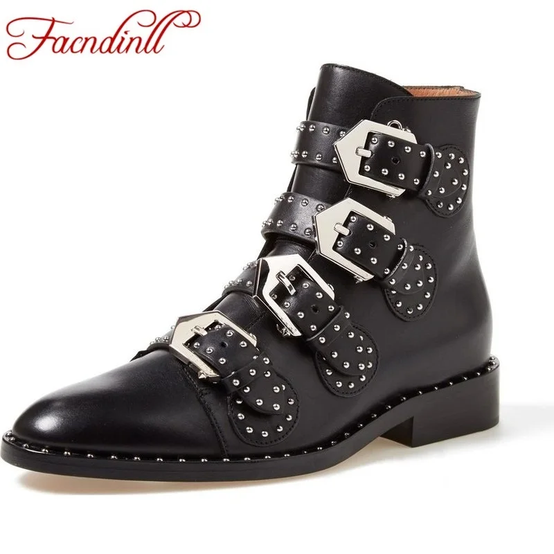 

FACNDINLL women boots leather tactical ankle boots for women female vintage buckle rivets studded motorcycle punk shoes woman