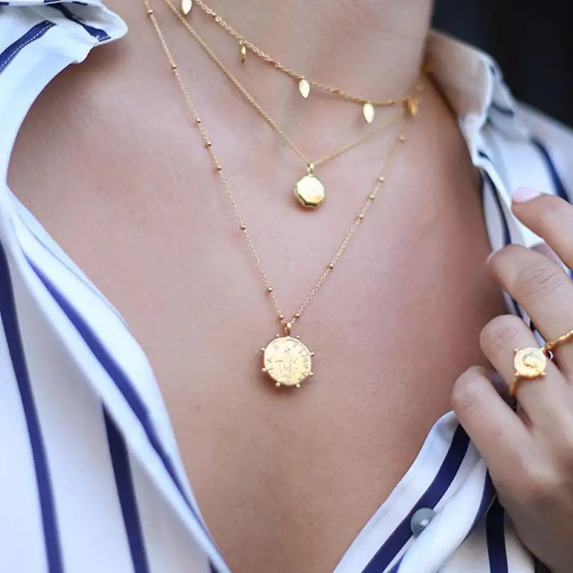 

925 Sterling Silver Round Coin Portrait Pendant Necklace Women Eight Sides Charm Necklace European Layering Necklaces Gifts