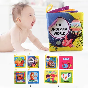 

4 Baby Colorful Cartoon Soft Animal Fruit Number Vehicle Fabric Cloth Book Rustle Sound Learning Cognitive Stroller Rattle Toy