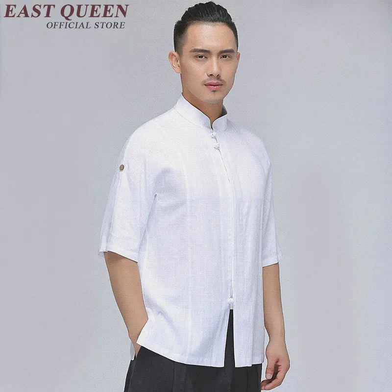 traditional Chinese clothes men solid color linen white shirts Chinese male clothing with long sleeves KK562 Q