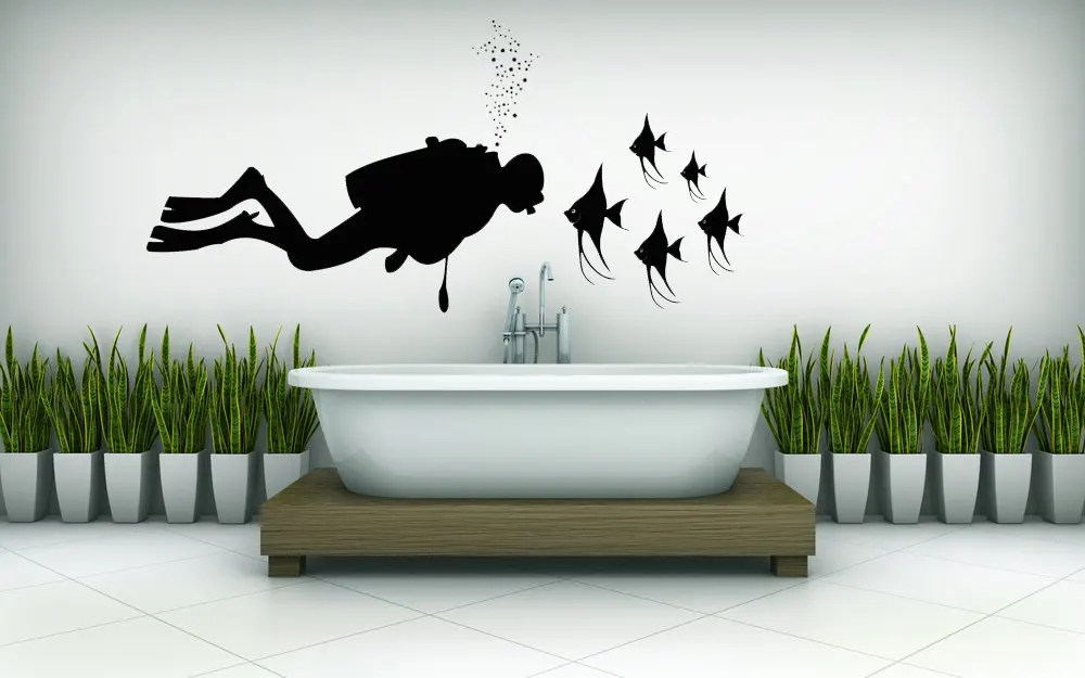 

Man Diving Under The Water Silhouette Wall Stickers Home Livngroom Bathroom Wall Mural Decals Man In The Water With Fish Q-99