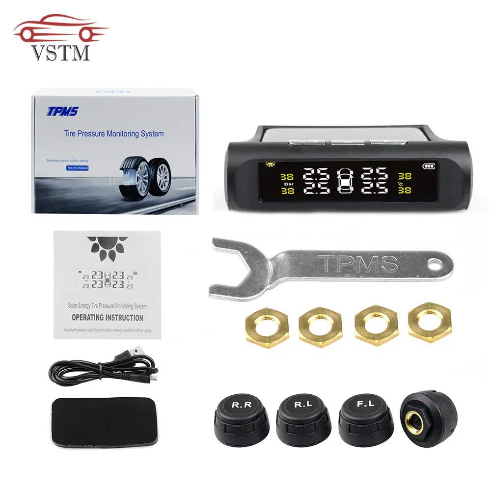 

Tire pressure monitoring system TPMS solar powered Digital LCD Display Auto Security Alarm System with 4 external sensors