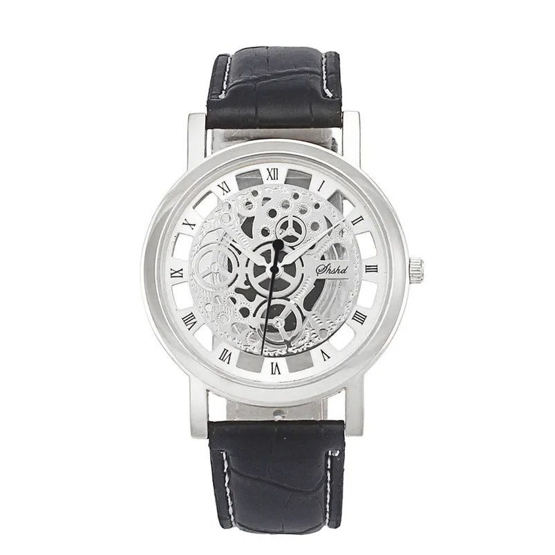 Classic Dial Skeleton Men's Leather Band Mechanical Sport Army Skeleton Quartz Wrist Watch Men Wholesale #2AP18B (5)