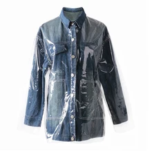 Одежда в уличном стиле воротник с лацканами однобортный ПВХ сплайсинга Водонепроницаемая Джинсовая длинная куртка синий поддельные две части Верхняя одежда FS0654