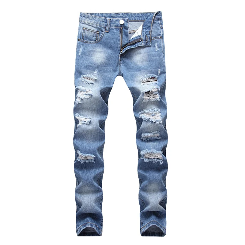 

New Slim Denim Mens Jeans Fashion Hip Hop Holes Pants Men's Motorcycle Biker Jeans Trousers Ripped Jeans For Men Blue