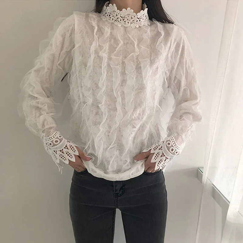 

2019 Korean version Loose student Lace lacing stand collar 3D flowers splice Retro Long sleeve Large size blouse cc14