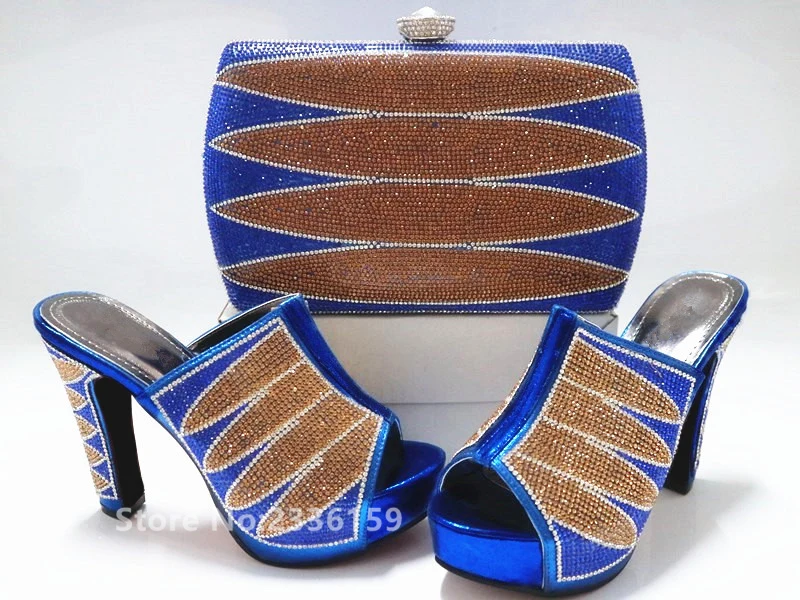 

Blue Color Italian Shoes with Matching Bags Sales In Women Matching Shoes and Bag Set Decorated with Rhinestone Italy Shoes Bag