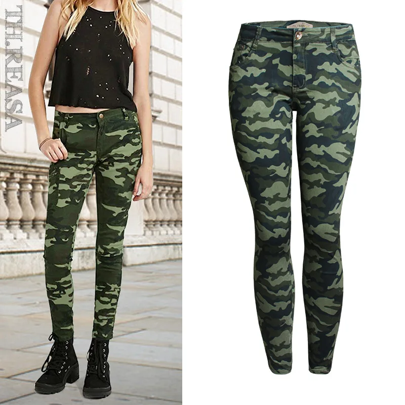 Women`s Chic Camo Army Green Skinny Jeans For Women Femme Camouflage