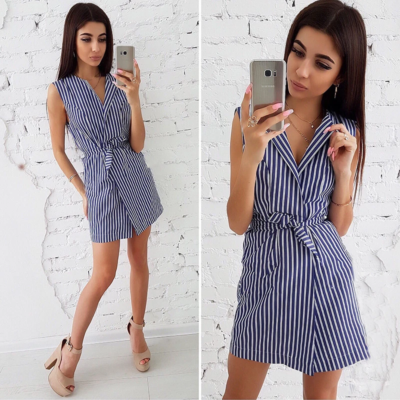 

Polyester summer mini dress women striped sleeveless fashion shirt dress short bandage belt casual vestidos women dresses DR460