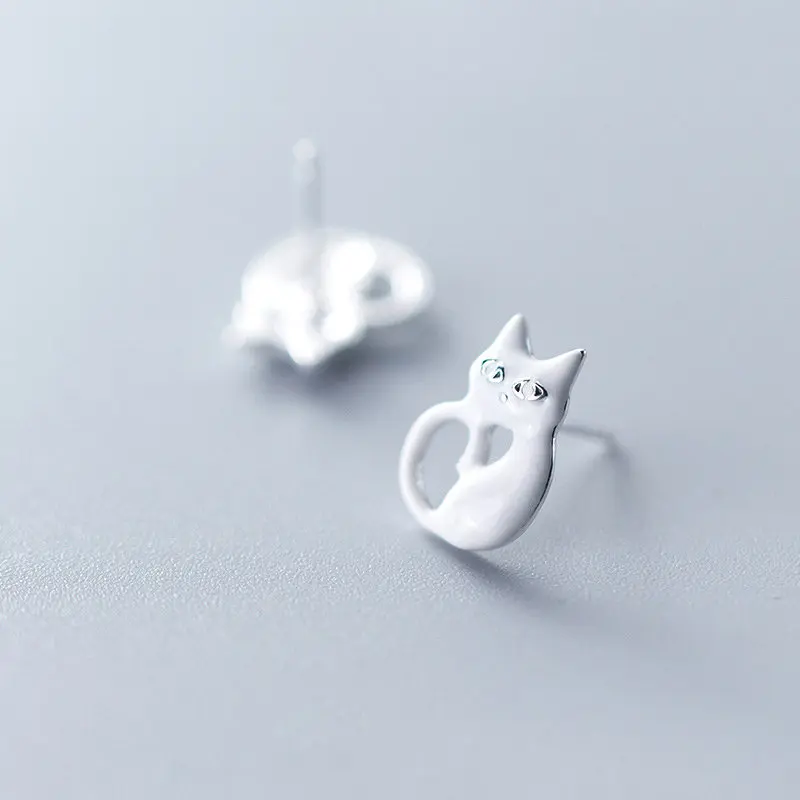 INZATT Real 925 Sterling Silver Cute White Black Cat Stud Earrings For Fashion Women Party Fine Jewelry Trendy Accessorie - Gem Color: White