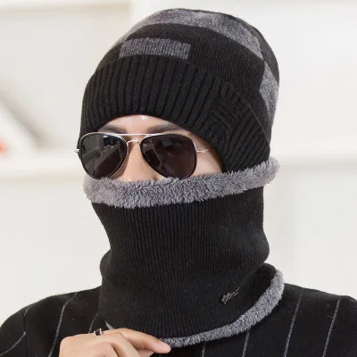 Зимние шапки для мужчин бини теплая вязаная шапка Skullies шапка шарф наборы с бархатными воротниками вязаная шапка модная ветрозащитная - Цвет: black 2pc