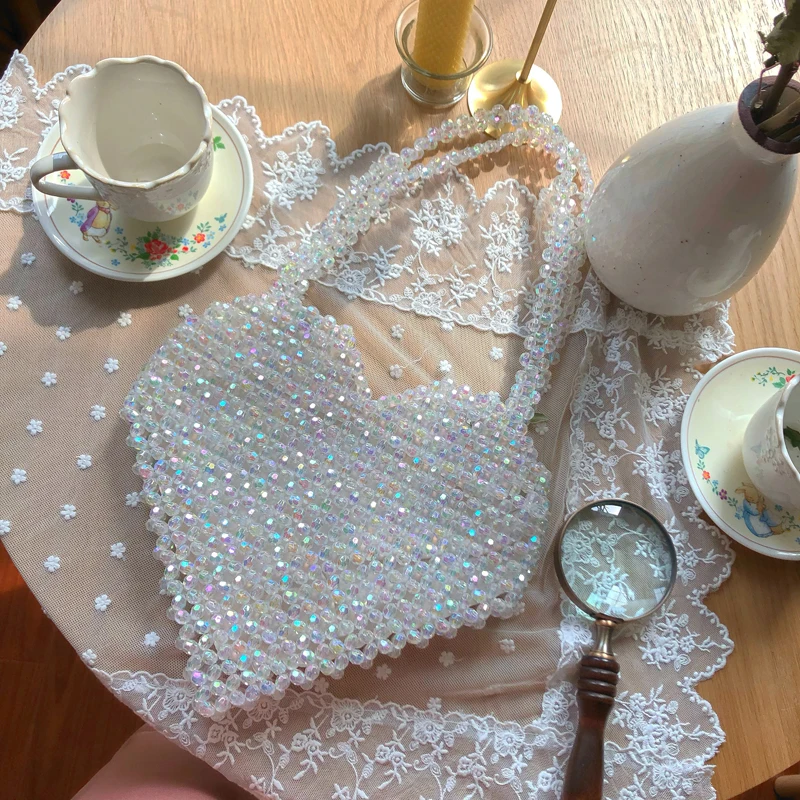 

Glitter Beads Bling Bead Bags Handmade Design Women Fashion Handbag Crystal Heart Shaped Purse Colorful White Transparent Summer