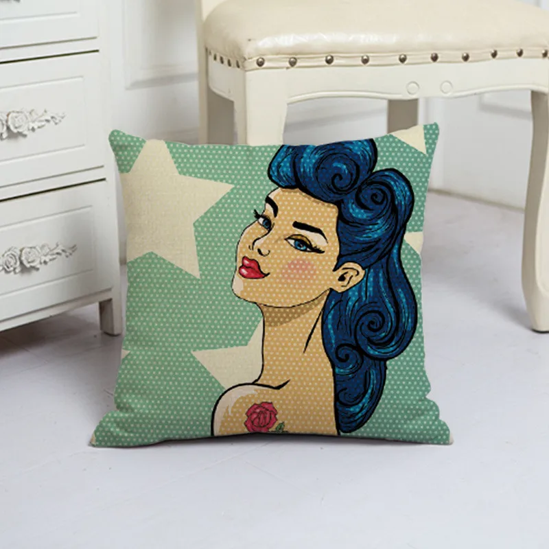 Zara*Women Linen Printed Fashion Curly Hair Girl Cushion Cover 45x45cm Shopping Throw Pillow Covers Gifts For Girlfriend Bedroom