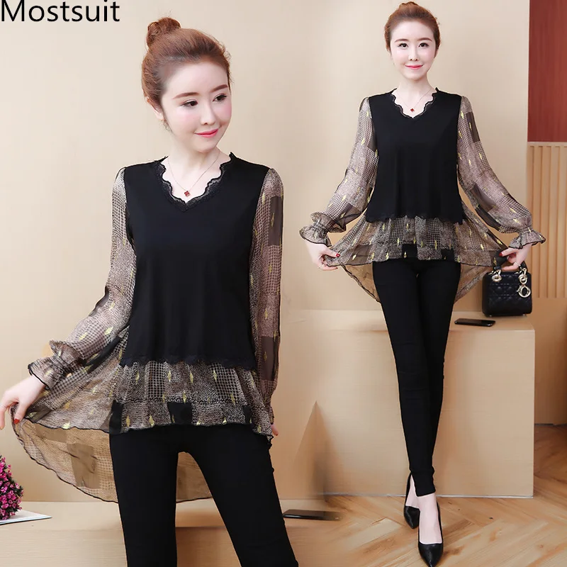 

Spring Fake Two Pieces Blusas Mujer Women Plus Size Long Sleeve V-neck Loose Blouses Korean Office Elegant Tops Pullovers 2019