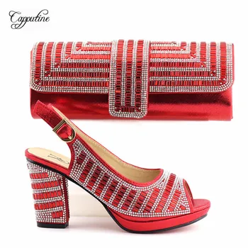 

Graceful red high heel sandal shoes and purse handbag set with stones for wedding/party T1070, heel height 9.3cm