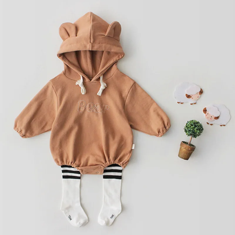 

FEERIJT Baby Boys Bodysuits 2019 Cotton Hooded One-piece Suit Brown Infant Outwear Baby Sport Bodysuit Cute Long Sleeve Spring