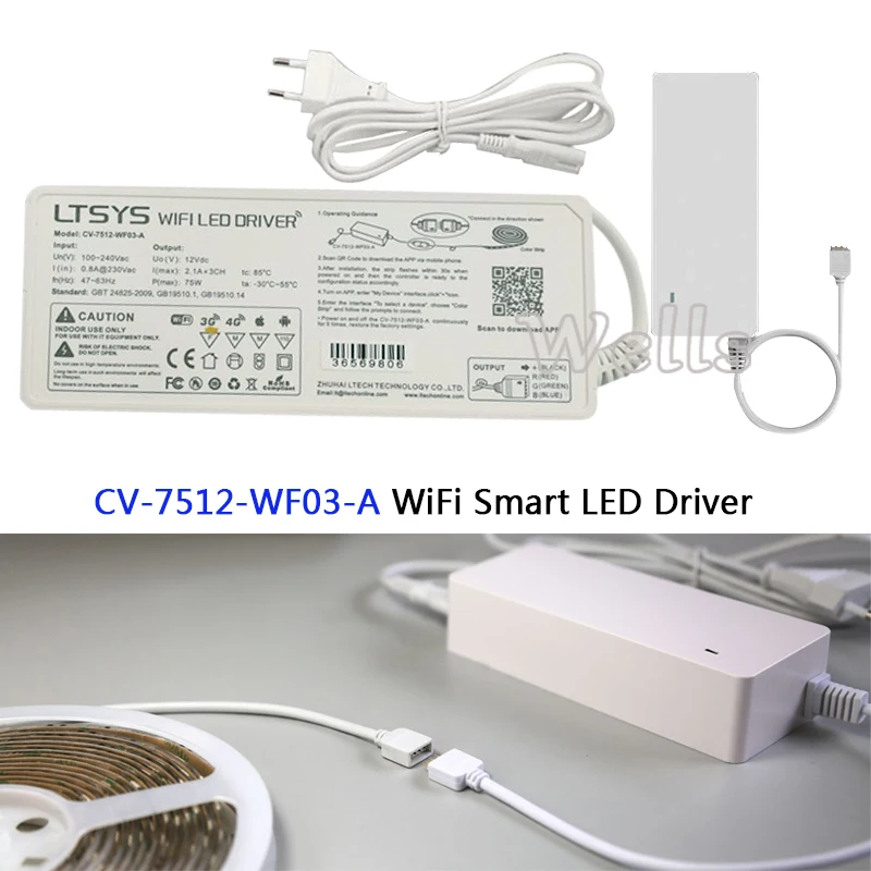 

CV-7512-WF03-A;AC100-240V input; 12V/75W output Compatible with F3 remote,EX3 panel controller Smart RGB WiFi LED Driver