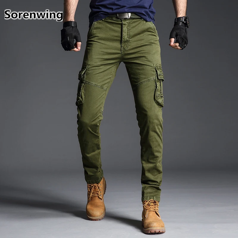 

new brand cargo pants solid armygreen male long trousers casual straight slim pants multi pocket military trousers big size 333