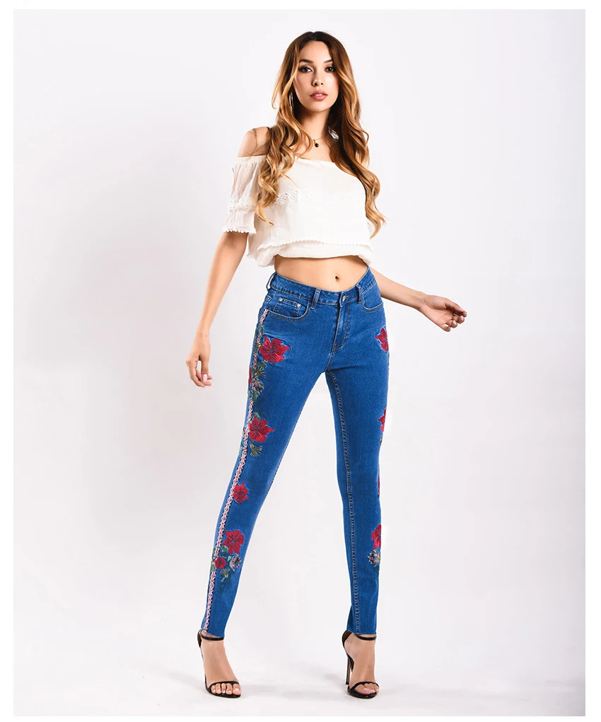 Sokotoo женские 3D цветок вышивка узкие джинсы модные вышитые контрастного цвета панелями синие джинсовые штаны