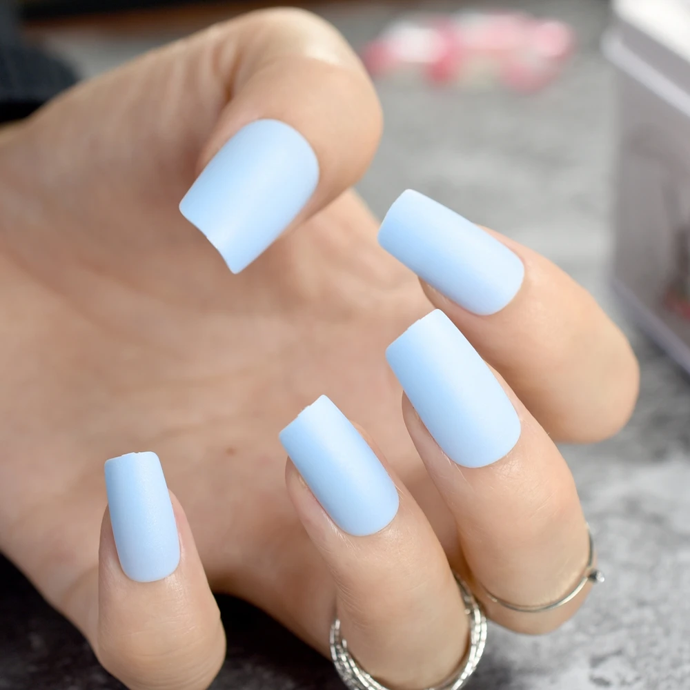 Matte Light Blue Square Head False Nails Middle Long Frosted Fake Nail Full Cover Nail Tips Fuax Ongles Finger Art Full Cover Nail Tips Nail Tipsfake Nails Full Cover Aliexpress
