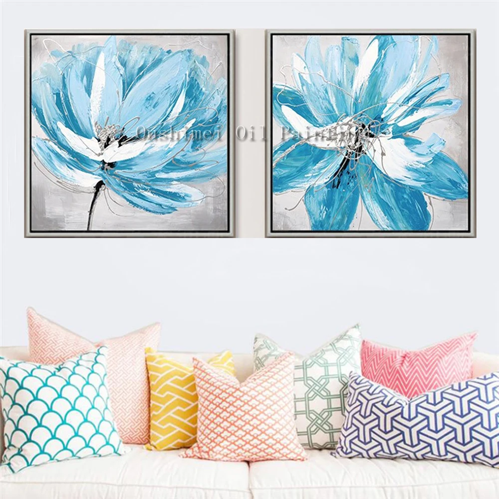 Hand Painted Abstract Blue Flower Oil Painting Hang