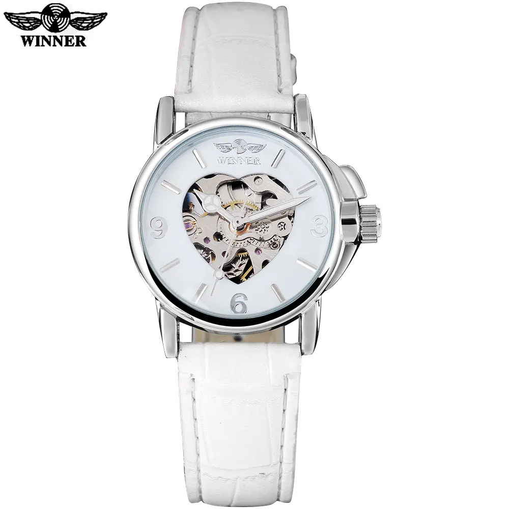 Бренд WINNER, модные повседневные часы для женщин, женские автоматические механические наручные часы со скелетом в форме сердца, небесно-голубой кожаный ремешок - Цвет: white