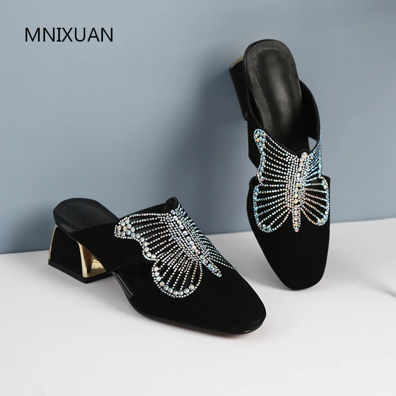 

MNIXUAN Luxury rhinestone women slipper sandals shoes 2019new suede square toe solid medium block heeled lazy mules size41 42 43