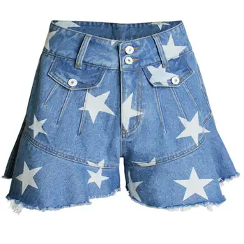 

2018 Women Summer High Waist Star Print Wide Leg Shorts Skirts trumpet /Mermaid Denim Jeans Short Sexy Short