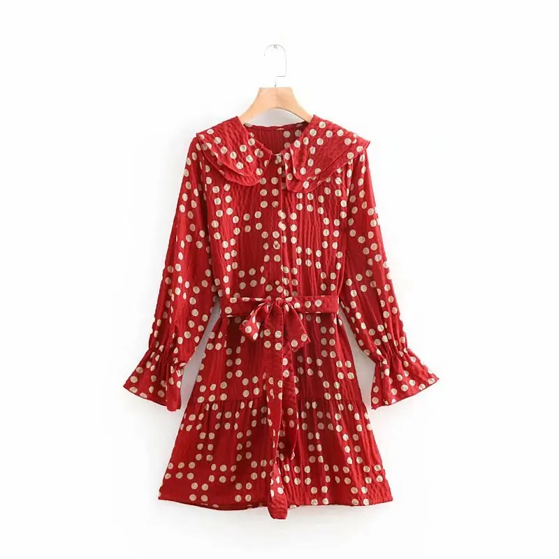 

women vintage polka dots print bow sashes mini dress femme sweet peter pan collar ruffles vestidos casual slim dresses DS2079