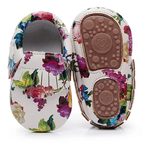 Лидер продаж жесткая подошва цветочный принт искусственная кожа детские туфли-мокасины с бахромой детская обувь Нескользящая обувь для малышей ручной работы - Цвет: flower