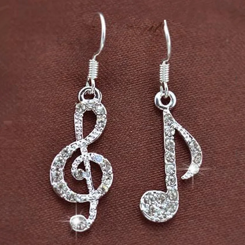 

New Personality Geometric Music Dream Symbol Asymmetric Earrings Music Notes Ear Hook Crystal Silver Color Earrings for Women
