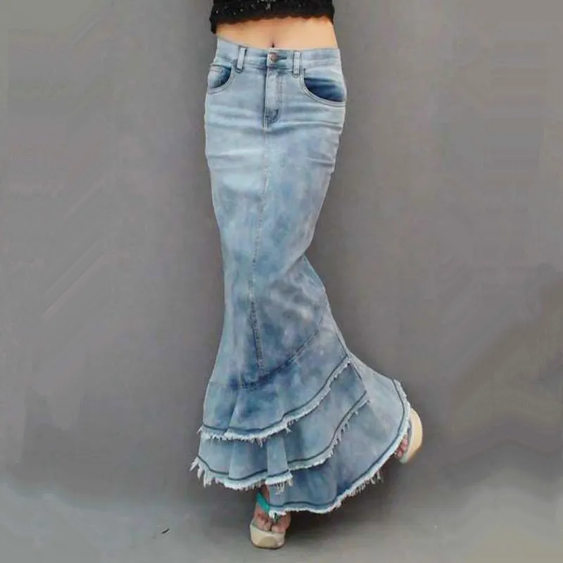 Бесплатная доставка 2019 Новая мода длиной макси джинсовая юбка для Для женщин Русалка Стиль рыбий хвост Высокая талия юбка в стиле "Ретро" с