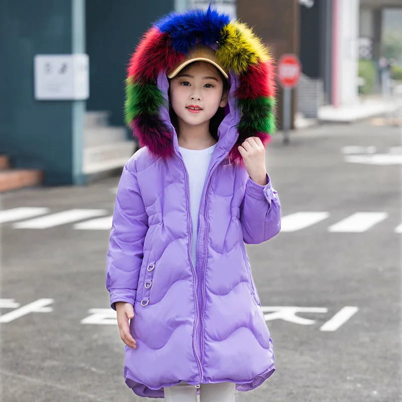 

Down Jacket children's Winter Girl Coat Purple Cute Hooded Colored Fur Collar Kids Parkas Child Clothes Thick Long Outerwear
