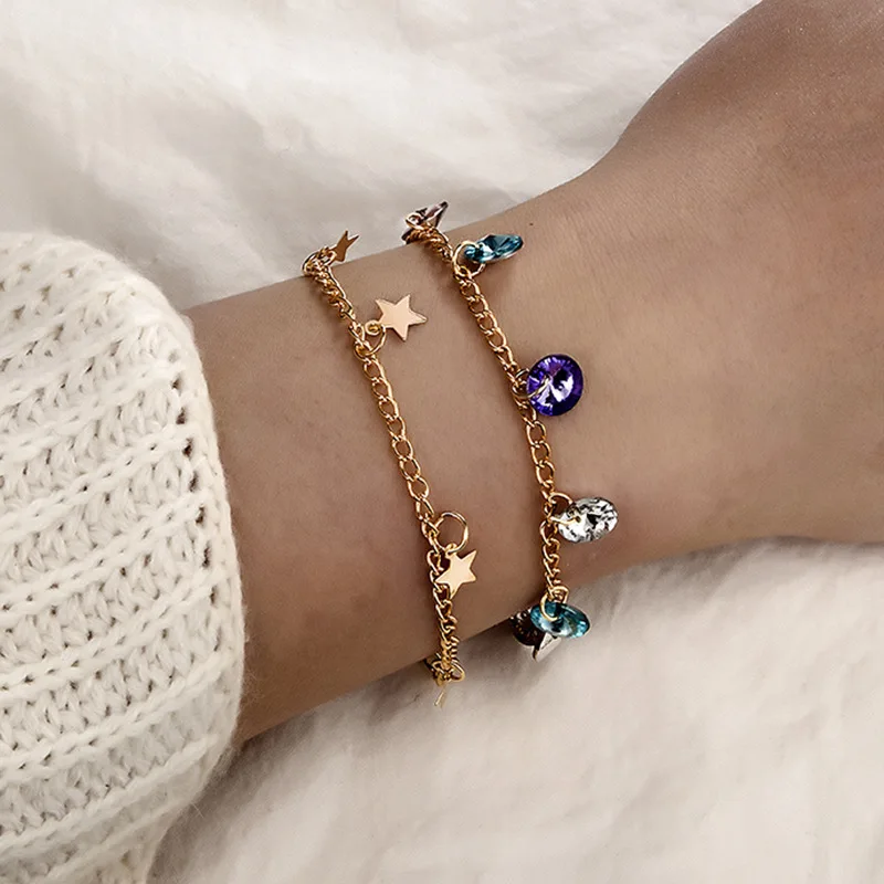 

Gold Link Chain Colorful CZ Crystal Beads Charm Bracelet Set for Women Gold Foot Ankle Bracelets Anklet Barefoot Beach Jewelry