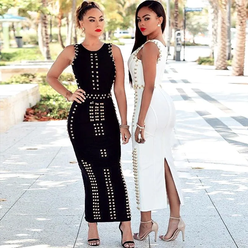

2017 new Kim kardashian white metal rings beading sleeveless dress women sexy long luxury evening party bandage dresses hl