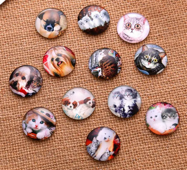 24 adet 10MM 12MM 14MM 16MM kedi köpek desen yuvarlak el yapımı fotoğraf cam Cabochons ve cam kubbe kapağı kolye Cameo ayarları