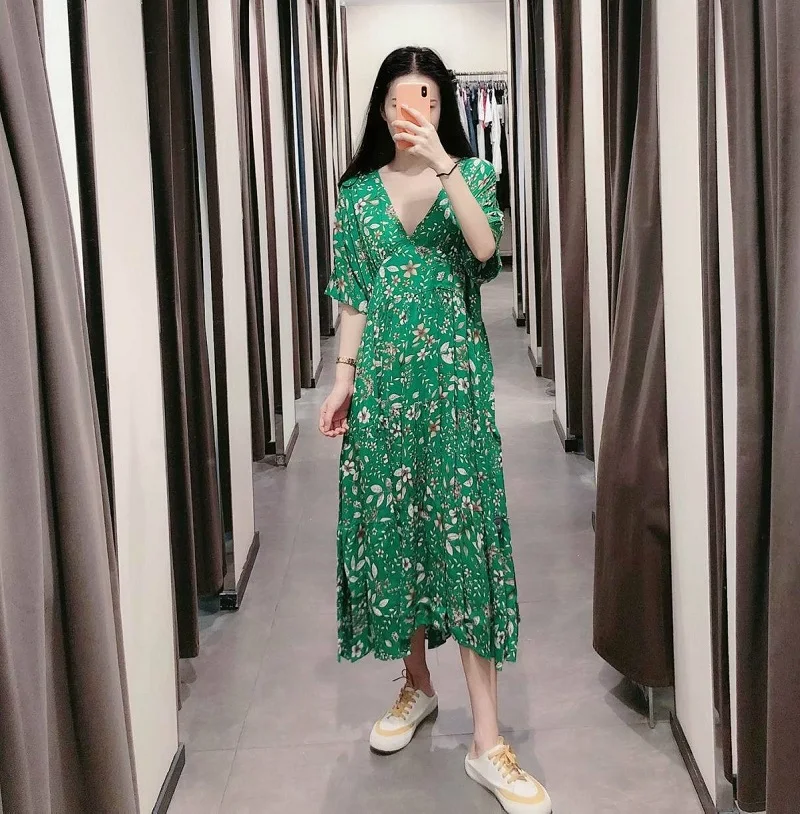 

Green floral dress women summer dress tunique longue femme sukienka Women sexy v neck short sleeve hem ruffle midi dress frocks