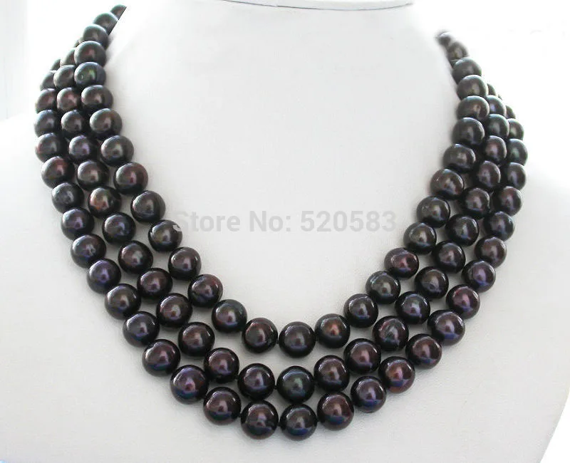 

BEAUTIFUL 3row 11MM black round FRESHWATER PEARL necklace