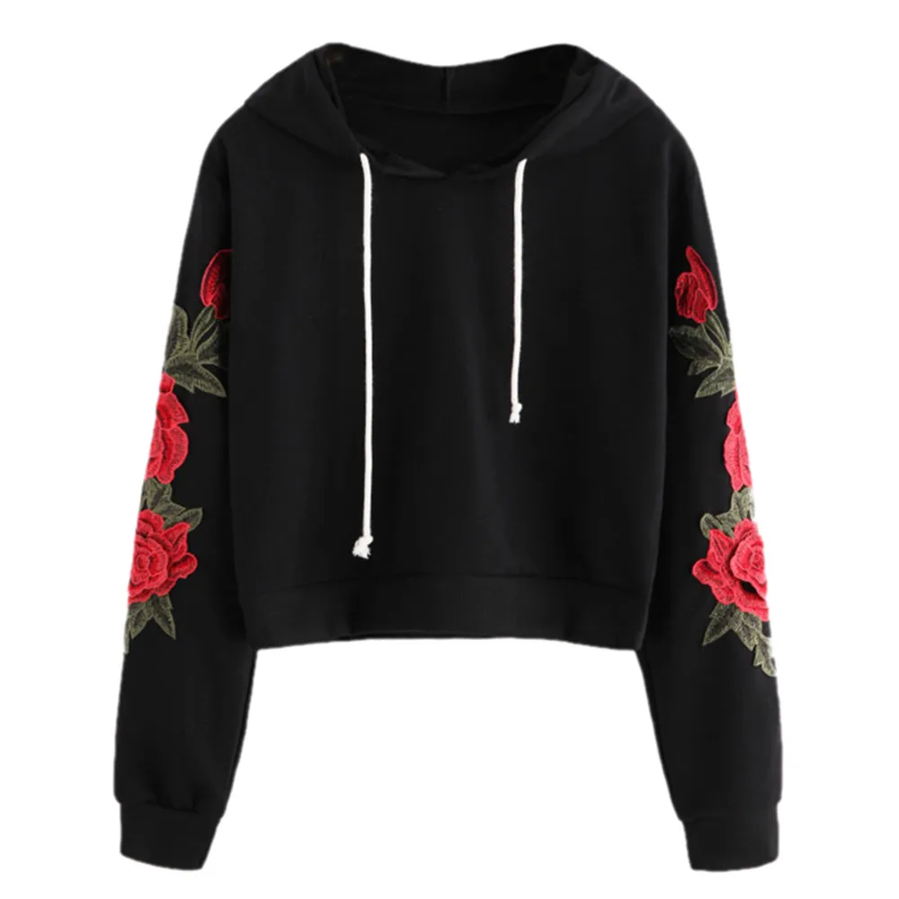Осенняя Женская толстовка с аппликацией, длинный рукав, блузка, Черный Принт, Цветочная вышивка, цветы розы, пуловер с капюшоном, топы, рубашка