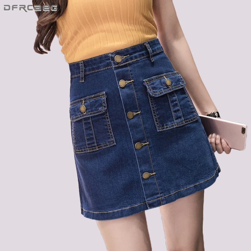 

Casual High Waist Woman Denim Skirts Single Button Big Pockets Skirts Female Summer Mini Sexy Jeans Faldas Basic Plus Size Skirt