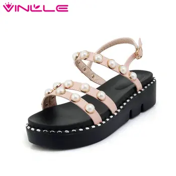 

VINLLE 2020 Women Sandals PU Leather Shoes Woman Slingback Square Med Heel String Bead Ladies Wedding Shoes Size 34-43