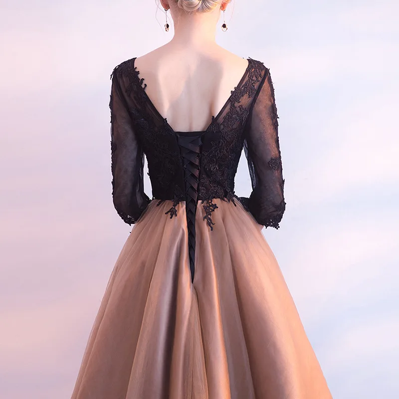 It's YiiYa Luxury Black And Yellow O-Neck Half Sleeve Backless Appliques Lace Up Cocktail Dresses Knee Length Formal Dress LX458