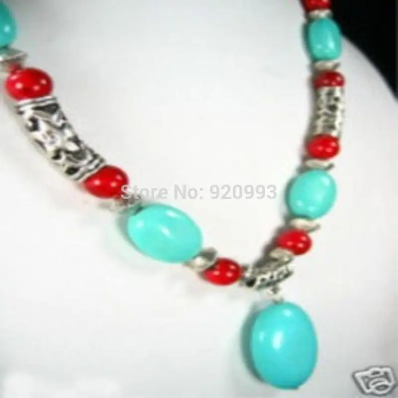 

W&O Wholesale ***Jewelry Tibet Silver Turquoise Red Coral Necklace fashion jewelry