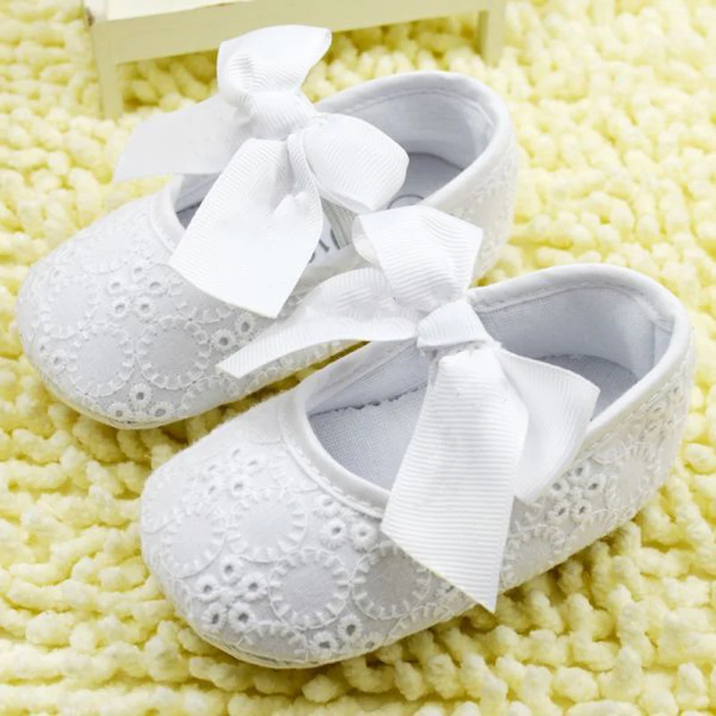 White Bowknot Baby Shoes Girl Lace Shoes Toddler Prewalker Anti-Slip First Walker Simple Baby Shoes