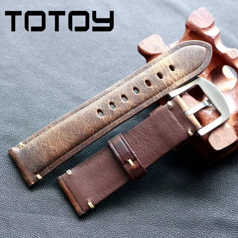 TOTOY винтажный коричневый масляный воск ремешок для часов 18 мм 20 мм 22 мм для samsung Смарт часы кожаный ремешок аксессуары для часов ремень с пряжкой