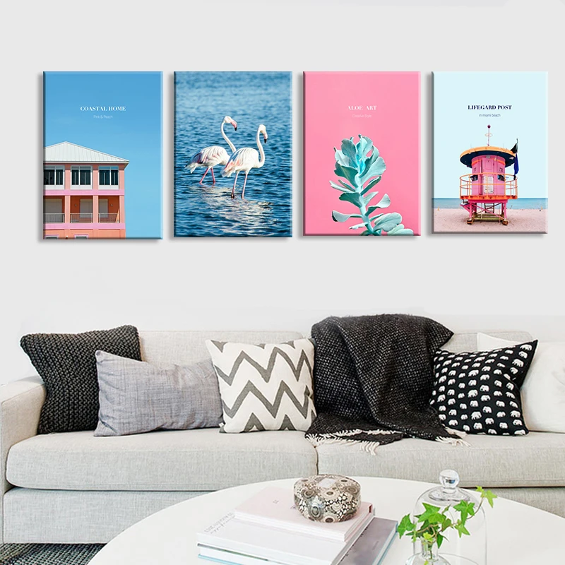 Nordic-Modern-Prints-Leaf-White-Flamingos-Beach-House-Sea-Landscape-Canvas-Painting-Art-Girl-Room-Bedroom (1)