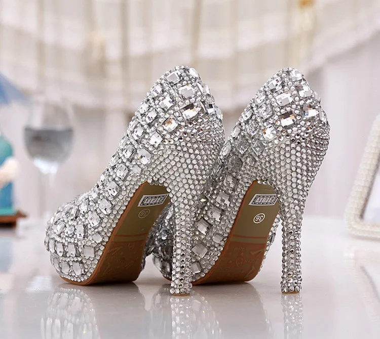Элегантные женские свадебные туфли серебристого цвета с открытым носком на высоком каблуке 5 дюймов обувь ручной работы со стразами и стразами