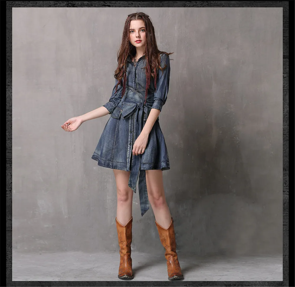 Vintage Summer Sashes Dress 2018 New Denim Three Quarter Sleeve  Dresses Turn-down Collar A-line Single Breasted Vestios (7)